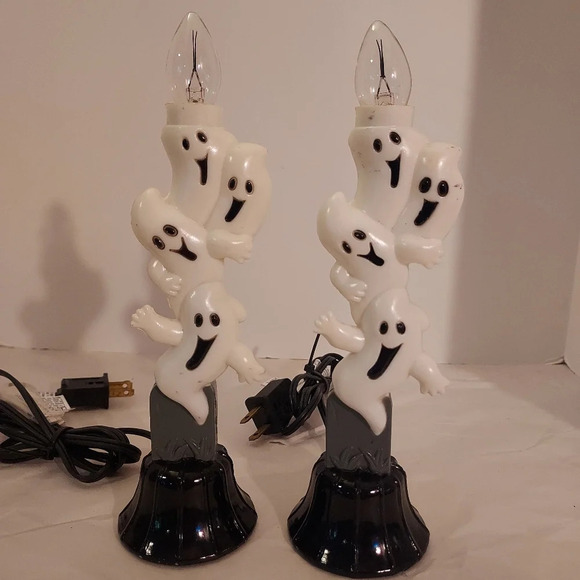 Pair of 2 Vintage Mini Blowmold Style Plastic Ghost Electric Candle 9 inch Tall - Picture 1 of 12